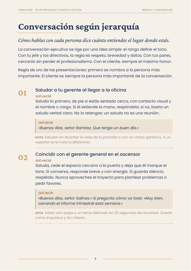 Página interior del kit: Conversación según jerarquía